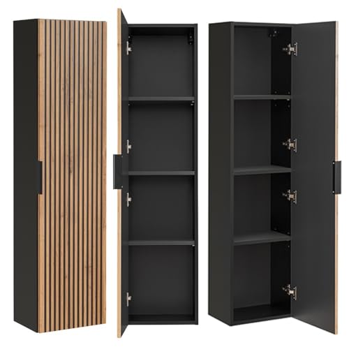 Lomadox Badezimmer Hochschrank Schrank Badschrank Badezimmerschrank 35x140x25 cm Tür Einlegeböden in anthrazit mit Eiche Nb. schwarz gerillt