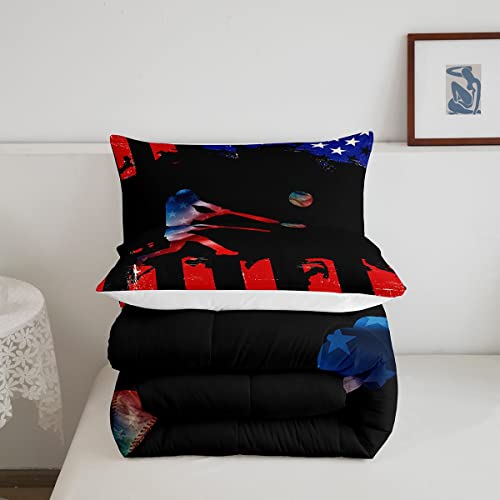 Manfei Baseball Comforter Set Queen American Flag Bedding Set 3Pcs For Teens Boys Girls Room Decor,Player Silhouette Sports Theme Quilt Set Soft Abstract Black Duvet Insert With 2 Pillowcases #TOP4