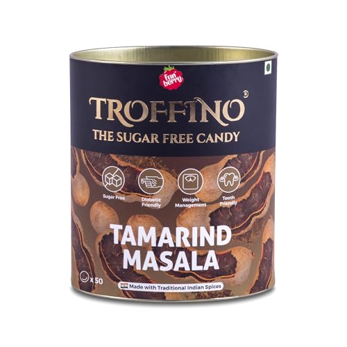Image of TROFFINO Sugar Free Indian Spices Tamarind Masala Candy Jar (50 Candies) - Mouth Watering Hard Candies, Gluten-Free - Pack of 1