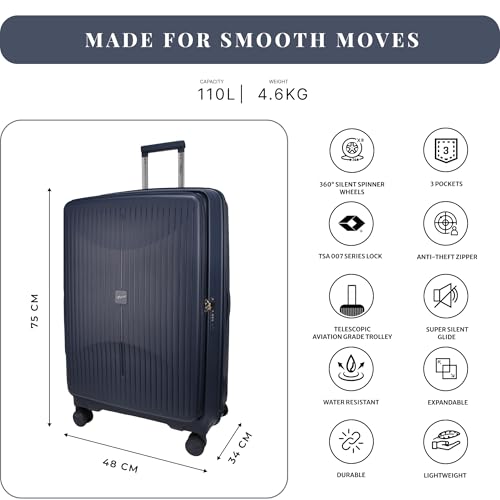 Image of F Gear Myton Navy Large Front Opening Hard Luggage | Lightweight Expandable Check-in Suitcase with 360 Spinner Silent 8-Wheels, Built-in TSA Lock, Anti-Theft Zipper & 3-Level Telescopic Trolley