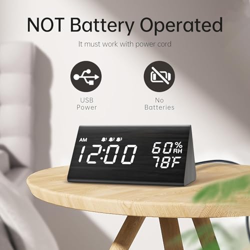 Image of Digital Alarm Clock, with Wooden Electronic LED Time Display, 3 Alarm Settings, Humidity & Temperature Detect, Wood Made Electric Clocks for Bedroom, Bedside (Black)