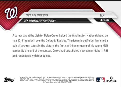 2025 Topps Now Dylan Crews #87 1st Multi Home Run Game Washington Nationals Rookie RC Baseball Card