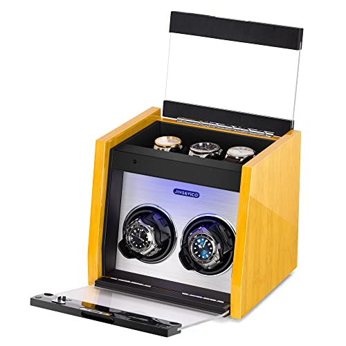 Jins&Vico Watch Winder Made Of Premium Bamboo Pattern For 5 Automatic Watches With High-Gloss Craftsmanship, 4 Setting Modes And Super Quiet Motor, Built-In Lock #TOP2
