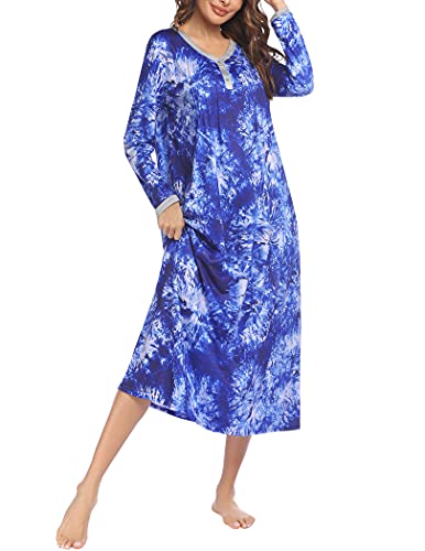 Ekouaer Nightgown Long Sleeve Button Down Sleepwear Full Length Chemise Lounge Dress Blue XXLarge