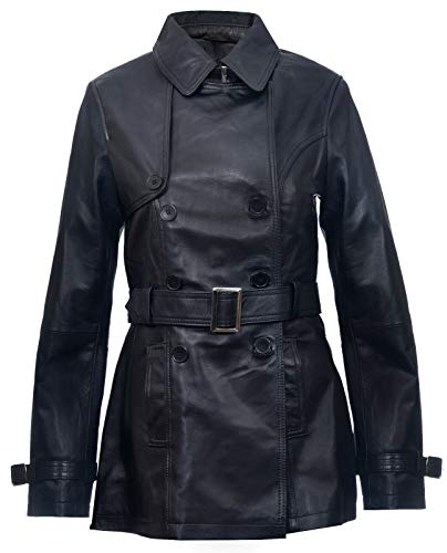 Ladies Leather Trench Coat Black Mid Length Coat Classic Jacket2