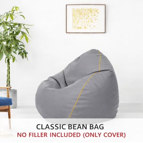 Image of Amazon Brand - Solimo 6XL Bean Bag Cover Without Beans, Faux Leather Classic Bean Bags Cover with Handle & Zipper, Bean Bag Cover for Living Room & Bedroom, 6 Months Warranty (Grey with Yellow Piping)