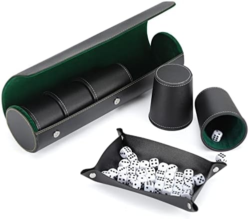 PU Leather Dice Cup Set with 5 Leather Dice Cups+25 Dice Velvet Interior Quiet in Shaking for Liars Dice Farkle Yahtzee