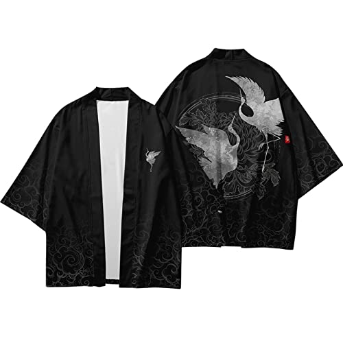 Image of DOSLAVIDA Men's Japanese Kimono Jacket Set Stylish Open Front Coat With Shorts Chinese Style Printed Cardigan Suit
