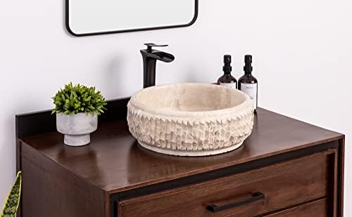 Natural Stone Vessel Bathroom Sink - Round Chiseled Travertine - Above Counter Basin
