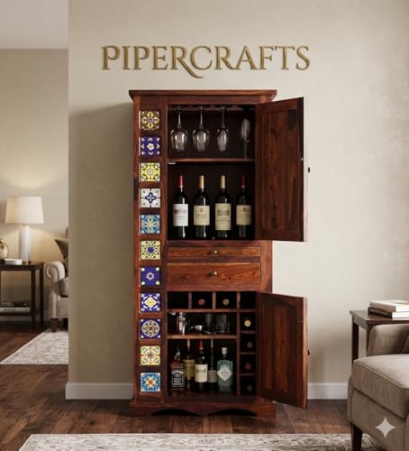 Image of Sheesham Wood Bar Cabinet - Already Assembled - Rack for Hard and Soft Drinks - Solid Sheesham Wood Bar Cabinets for Living Room | Wine Wisky Scotch All Type Drinks - Natural Finish