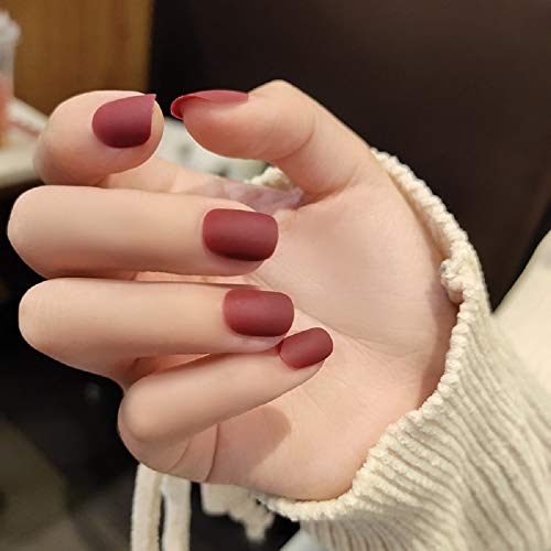 24 pieces Fake nail Wine red matte short student daily wear fake nails patch manicure finished hand white Coffin patch