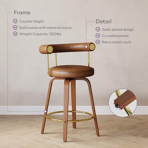 Image of Swivel Bar Stools Set of 2, 26 inch Counter Height Bar Chair, Barstools (Brown) | TYBOATLE, Mid-Century Modern, Faux Leather, Bent Wooden Legs, Golden Footrests, Island, Kitchen