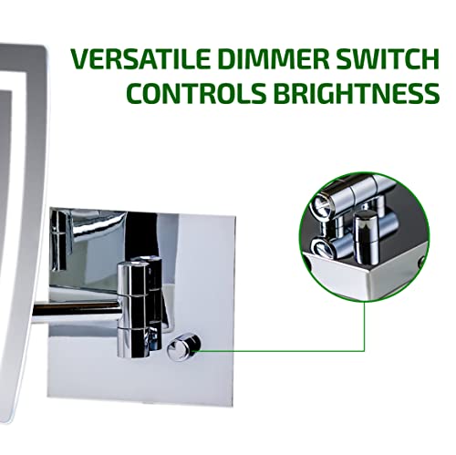 Image of OVENTE 7 inch Wall Mounted Lighted Makeup Mirror, Polished Chrome MSWA6387CH7X | Rectangular Bathroom Mirror with 7X Magnification, Dimmable White LED Lights, Extendable Folding Arm, AC Adapter Operated