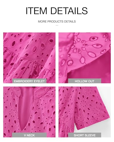 Image of BTFBM Womens Boho Summer Dresses 2026 Spring V Neck Short Sleeve Hollow Out Lace Ruffle Casual Beach Mini Vacation Dress