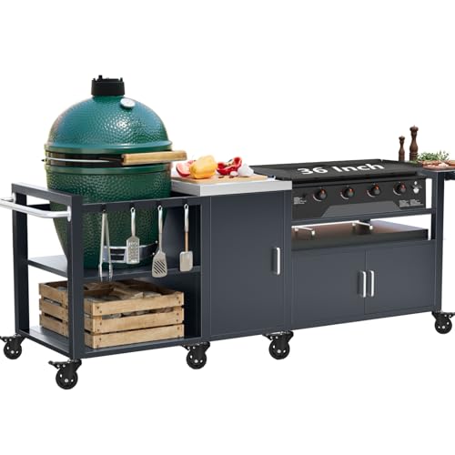 GDLF Outdoor Grill Cart for Big Green Egg& Blackstone Griddle Metal Grill Table Compatible with Large Big Green Egg and 28/36 Blackstone Griddle Waterproof Cover Included