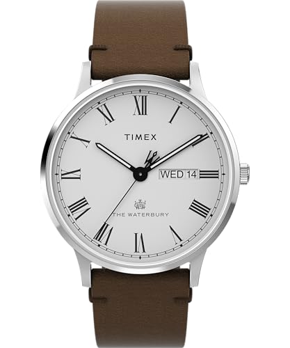 Timex Waterbury -Reloj para Hombre, Correa de Cuero marrón, Esfera Blanca, Caja de Acero Inoxidable, 40 mm, TW2Y29500