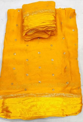 Image of Pure Georgette Sequence Work Saree with Contrast Blouse, Satan Patta Fabric