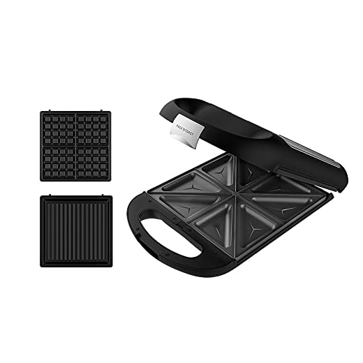 Cecotec Sandwichera Rock'nToast Family 3in1. 1500 W, Capacidad para 4 Sandwiches, Revestimiento Antiadherente, 3 Placas Intercambiables, Rapidez y Tostado uniforme, Acero Inox