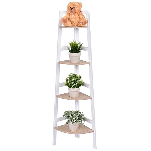 HOMASIS Scaffale angolare aperto a 4 livelli, decorativo in legno, in piedi per soggiorno, bagno, balcone, stoccaggio per piante, bianco e naturale