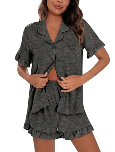 Image of SWOMOG Woman Pajama Set Short Sleeve Pjs Set 2Pcs Short Pajamas Button Down Ruffle Hem Sleepwear Soft Modal Loungewear