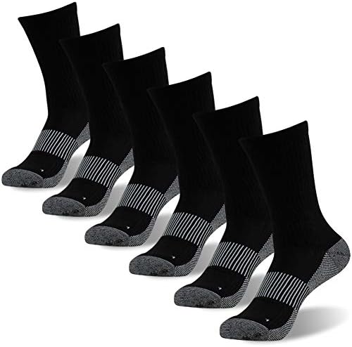 FOOTPLUS Copper Hiking Socks, Men Women Crew Cushioned Sole Summer Golf Running Basketball Arch Support Socks, Anti Odor Hiking Climbing Trekking Socks,6 Pairs Black, XX-Large