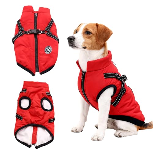 Hundemantel Winter mit Geschirr, Warme Hundejacke für Kleine Hunde, Wasserdicht, Reflektierend, Rot M, Hundemantel Für Kleine Hunde, Ideal Wintermantel Hund für kalte Tage, Hundejacke Wasserdicht
