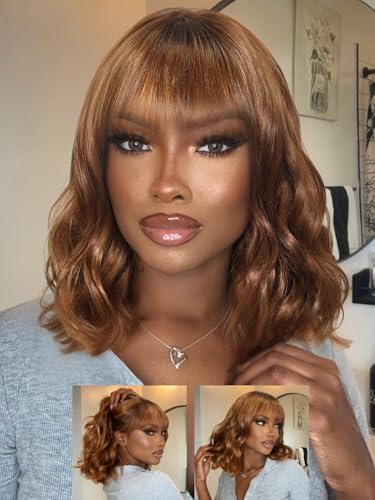 Image of Beauty Forever Bob Wig Human Hair with Bangs Loose Body Wave Glueless 4x2 HD Lace Chestnut Chocolate Brown with Highlight Pre Plucked Bob Wear and Go Short Wigs Beginner Friendly 150% Density 10inch