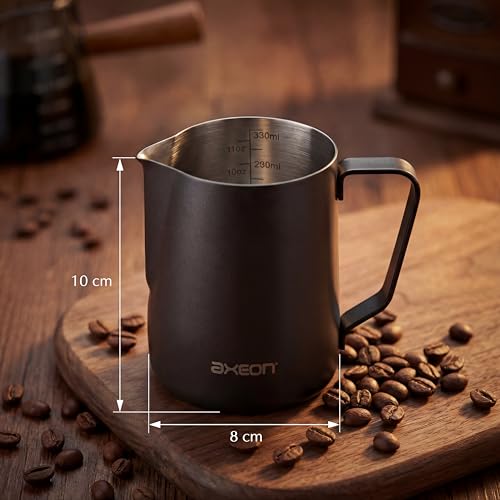 Image of Axeon Stainless Steel Milk Frothing Pitcher | Espresso Milk Frother Jug with Internal Scale & Matte Coating | V-Spout for Latte Art | Barista Steam Jug for Cappuccino & Coffee (Black, 350ml /12oz)
