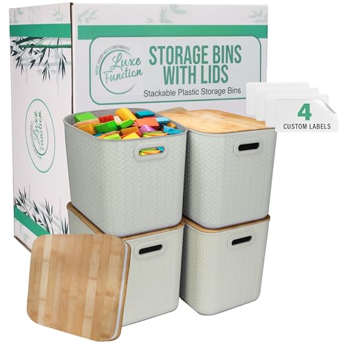 Luxe Function Storage Bins with Bamboo Lid – Stackable, Multi-Purpose Organizers for Pantry, Closet, Kitchen, and Home – Elegant Wicker-Style Design with Ergonomic Handles (Cream)