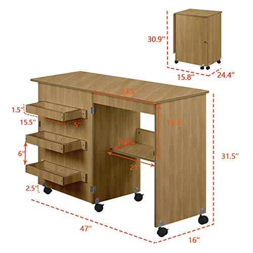 Folding Sewing Table Multifunctional Sewing Machine Cart Table Sewing Craft Cabinet Table with Storage Shelves Portable Rolling Sewing Desk Computer Desk with Lockable Casters (Walnut)