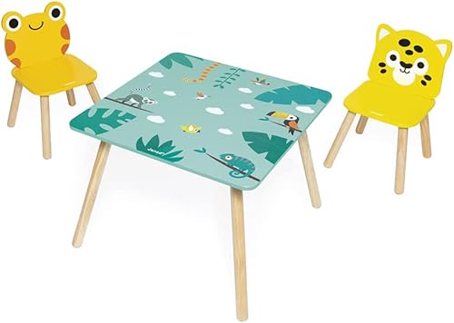 Miniatura 2 de Janod - Mesa Tropik de madera y 2 sillas - Muebles para niños - Mesa 21.7 x 21.7 in, silla de rana y silla Jaguar - Pintura al agua - a partir de 3