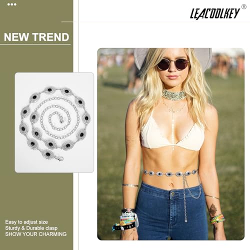 Image of LEACOOLKEY Women Turquoise Concho Chain Waist Belt Silver Western Cowgirl Metal Chain Belt for Dress Adjustable