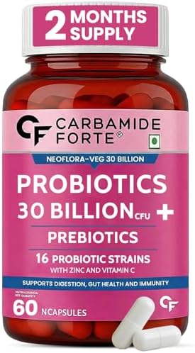 Carbamide Forte 30 Billion CFU Probiotics Supplement with Prebiotics | 16 Probiotic Strains | Daily Probiotic Supplement to support Gut Health & Digestion | 60 Veg Capsules