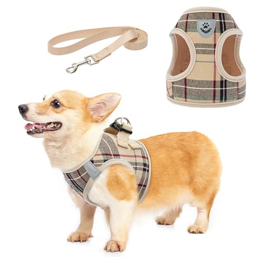 KOOLTAIL Dog Harness and Leash Set for Small Medium Dogs, Step in No Pull Soft Mesh Dog Harness Comfort Padded Pet Vest, Adjustable Reflective Easy Walking Puppy Cats Harness Training, Plaid Beige M