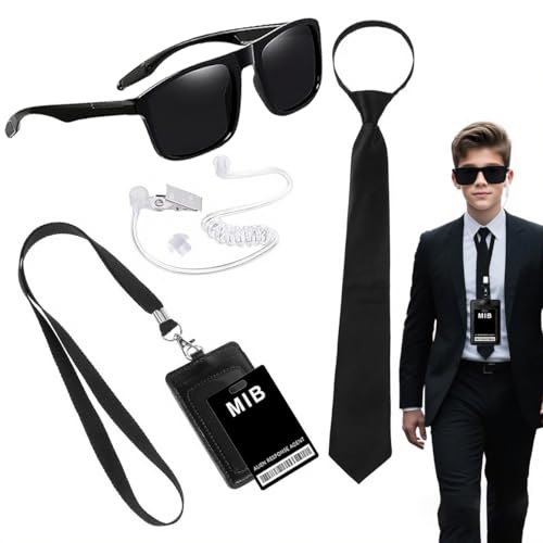 DAOOZHU Kit d Costume Espion 6 Pieces,Jeu Déguisement Espion avec Lunettes Noires Ecouteurs Cravate Reglable Faux Telephone Porte Cartes Accessoires