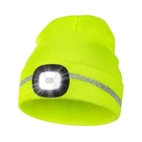 MELASA Reflective Stripe LED Beanie Safety High Visibility Winter Hat with Light for Outdoor Work Sports Gifts for Men Dad