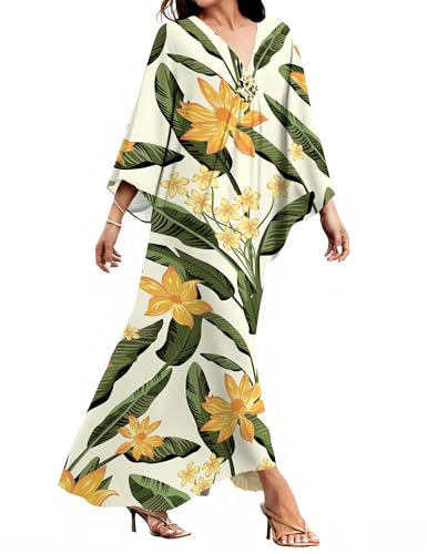 Image of MAKABO Kaftan Dresses for Women, V Neck Moo Moos Colorful Print Cover Ups Caftan Beach Dresses for Swimwear