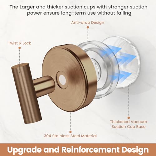 Image of BKV Suction Cup Hooks for Glass Window, Mirror,Heavy Duty Shower Hooks for Inside Shower,Reusable Suction Towel Hooks for Bathroom Wall-Strong Suction & No Drill(2 Pack,Champagne Bronze)