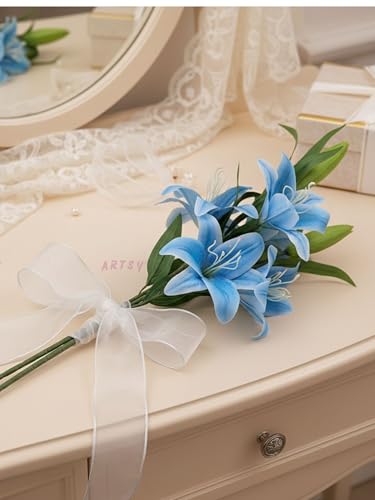 Image of ARTSY Artificial Flower for Home Decoration Lily Flower Bunch Long Size Stick Stem 3 Big Lily Flower Heads, 1 Piece
