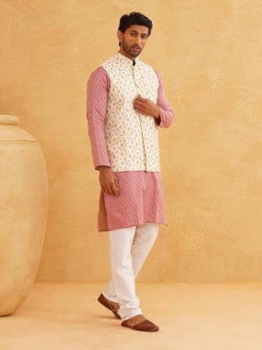 Sojanya (Since 1958 Men'S Silk Blend Pink Kurta & Cream Pyjama With Cream Embroidered Nehrujacket3