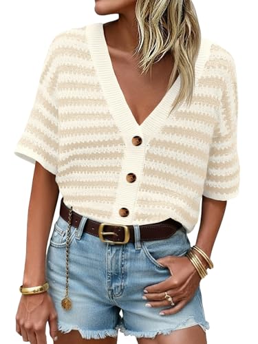 Saodimallsu Womens Short Sleeve Striped Cardigan Sweaters Crochet
