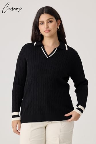 Image of CARCOS Plus Size Sweaters for Women Long Sleeve Pullover Sweaters Lapel Collared Vneck Knit Jumper Tops Fall Winter XL-5XL
