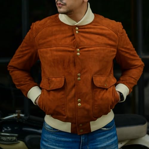 Image of Jild Varsity Style Leather Bomber Jacket Men - Casual Fashion Real Suede Classic MA-1 Leather Jacket Men