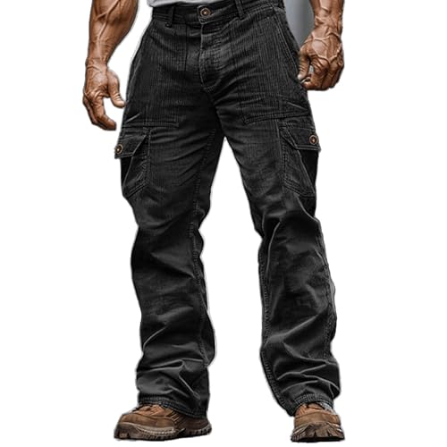 XSTH Mens Cargo Pants Relaxed Fit Corduroy Elastic Waist Straight Leg Sweatpants Casual Vintage Loose Slacks with Pockets