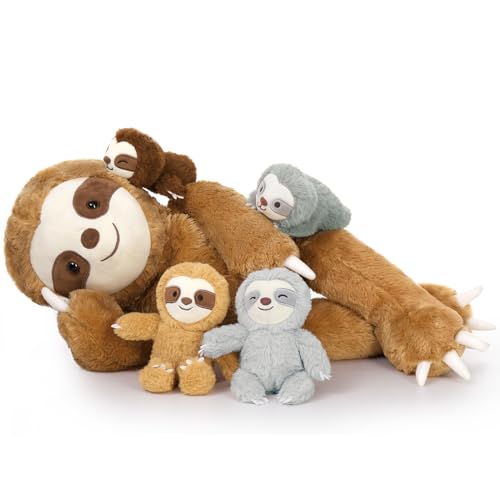 Image of MaoGoLan Sloth Stuffed Animal Set,5 Pcs Sloth Plush Toy,Large Stuffed Mommy Sloth with Babies Sloth Toys Plushies, 3 Toed Sloth Stuffed Animal Bulk for Kids 22 inches