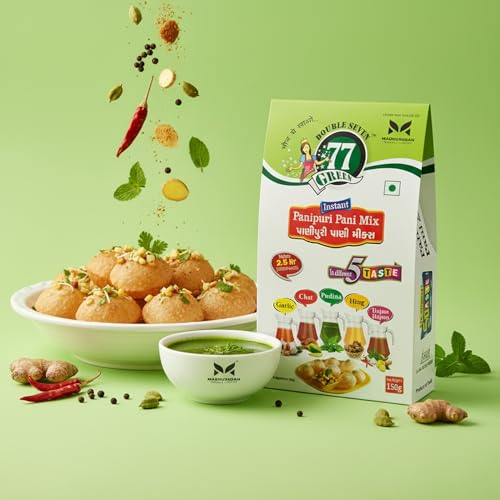 Image of 77 Green Pani Puri Masala 5 Flavours Pack - Hajma Hajam, Chat, Pudina, Hing & Garlic Spice Mixes | Instant Chaat Seasoning for Golgappa Water | No Added Colors or Preservatives | Indian Street Snack Pack of 4