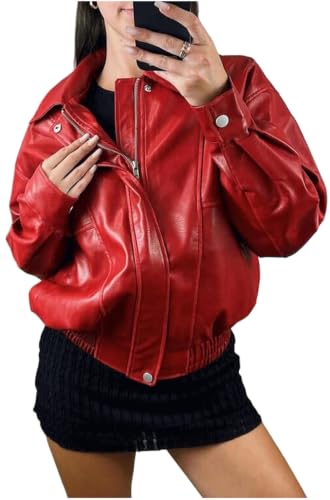 Blouson bomber rouge femme cuir supérieur manteau hiver décontracté