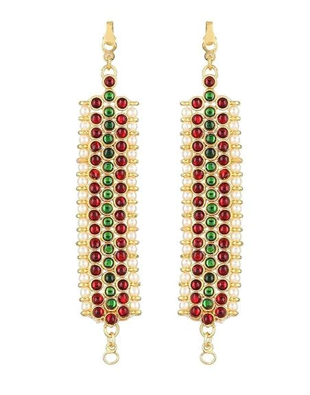Traditional Bharatanatyam Temple Jewelry Ear Chain With Earring Mattal For Classical Dance.Traditional South Indian Dance Costume Accossory.Red With Green (KB:00198)-image-5