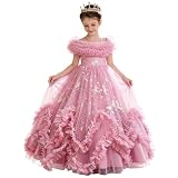 Zvzio Flower Girl Dress Ruffle Butterfly Embroidery Princess Dress Tiered Tulle Wedding Party Birthday Ball Gown 4-10 Years Pink