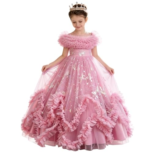 Zvzio Flower Girl Dress Ruffle Butterfly Embroidery Princess Dress Tiered Tulle Wedding Party Birthday Ball Gown 4-10 Years Pink